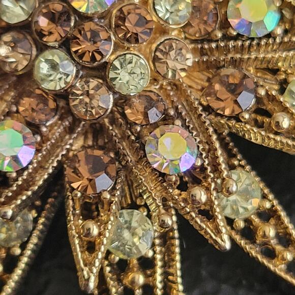 Starburst Brooch Pin Gold Tone Brown and White Rhinestones - Picture 3 of 9